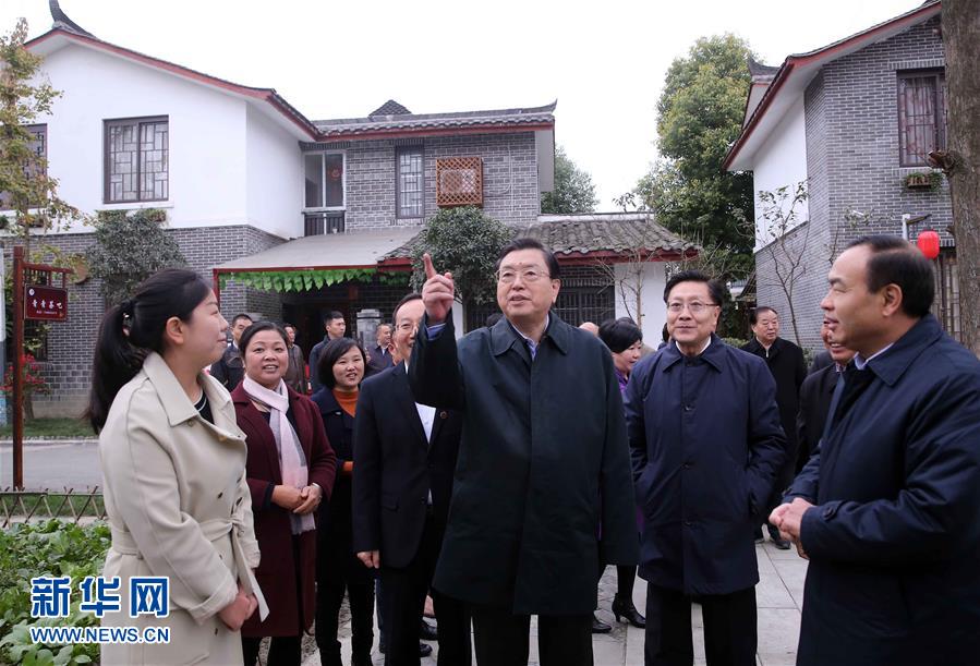 這是11月22日，張德江來到成都郫縣青杠樹村，了解村民委員會工作情況。 新華社記者 劉衛(wèi)兵 攝 
