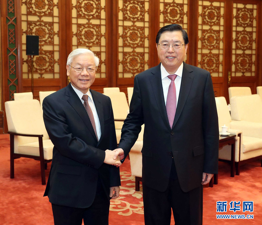 1月13日，中共中央政治局常委、全國(guó)人大常委會(huì)委員長(zhǎng)張德江在北京人民大會(huì)堂會(huì)見(jiàn)越共中央總書(shū)記阮富仲。 新華社記者 劉衛(wèi)兵 攝