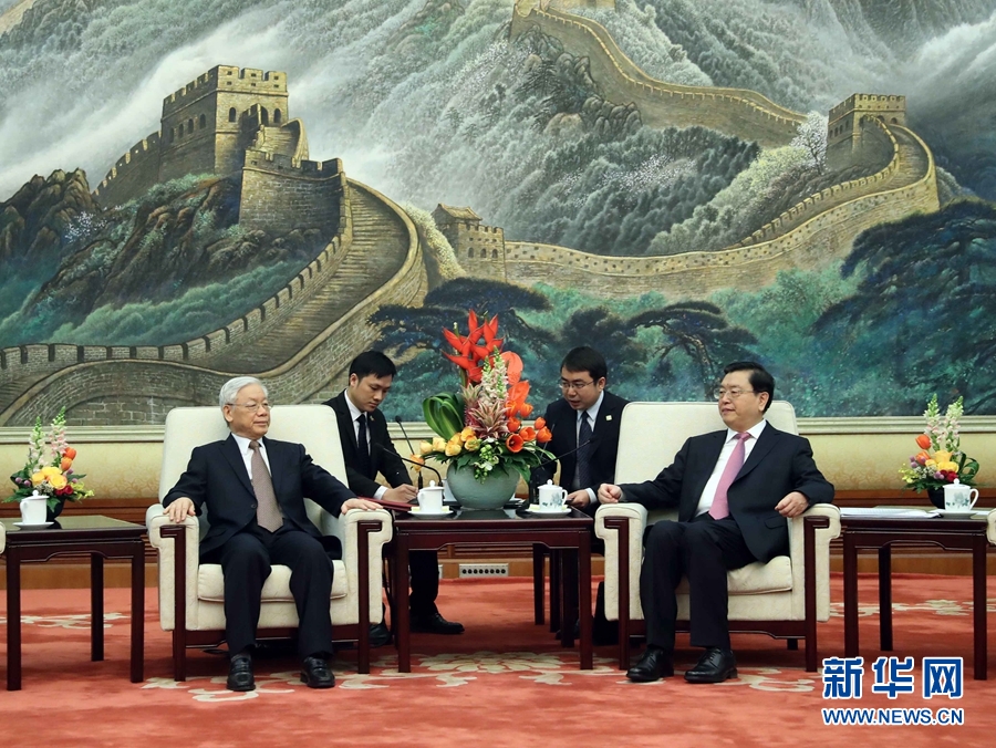 1月13日，中共中央政治局常委、全國(guó)人大常委會(huì)委員長(zhǎng)張德江在北京人民大會(huì)堂會(huì)見(jiàn)越共中央總書(shū)記阮富仲。 新華社記者 劉衛(wèi)兵 攝