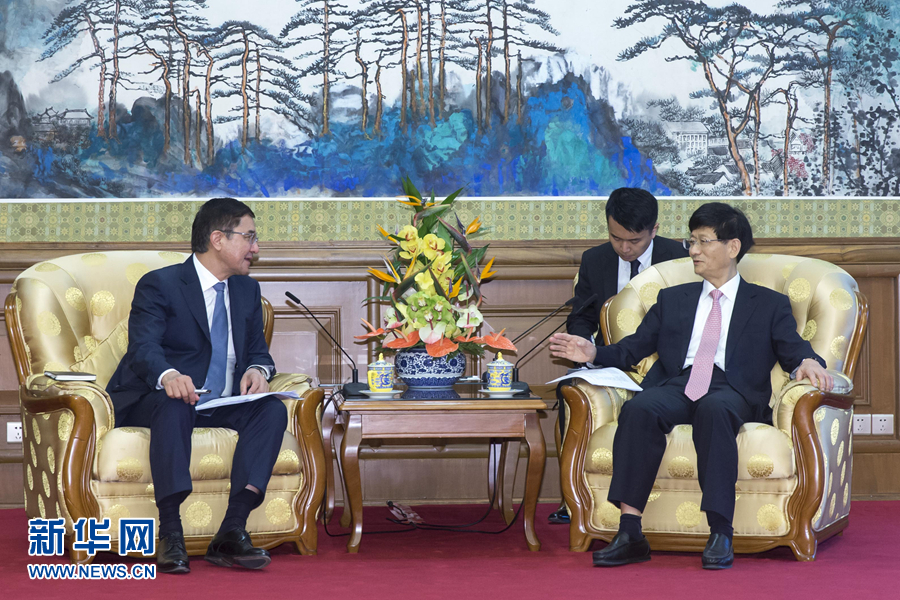 7月19日，中共中央政治局委員、中央政法委書記孟建柱在北京會見烏茲別克斯坦副總理庫奇卡羅夫。 新華社記者崔新鈺攝