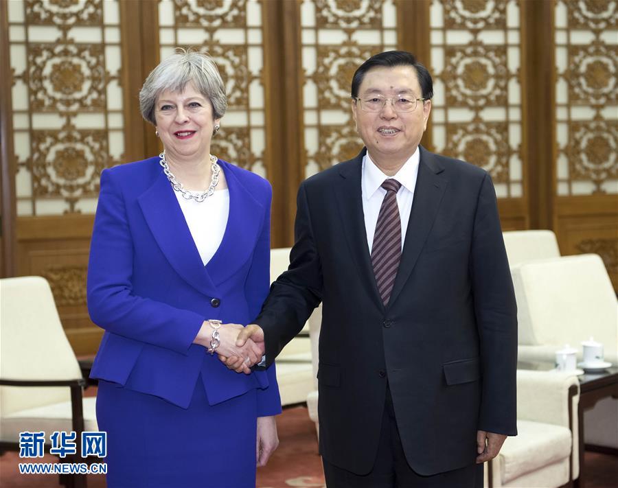2月1日，全國人大常委會委員長張德江在北京人民大會堂會見英國首相特雷莎·梅。新華社記者 李濤 攝