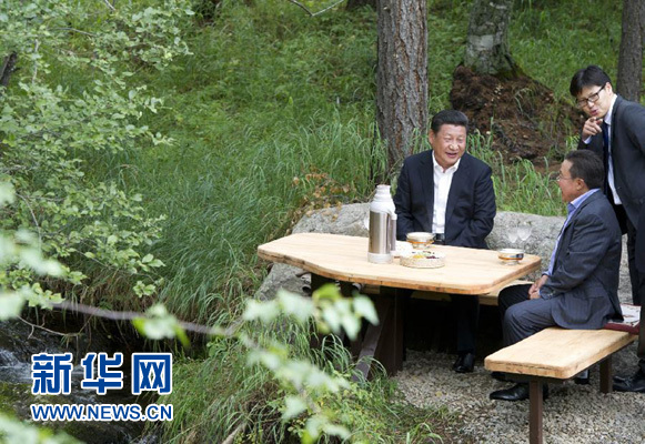 8月22日，國家主席習近平同蒙古國總統(tǒng)額勒貝格道爾吉在烏蘭巴托市郊的總統(tǒng)官邸再次會晤。這是習近平同額勒貝格道爾吉會晤后在溪畔飲茶。新華社記者 黃敬文 攝