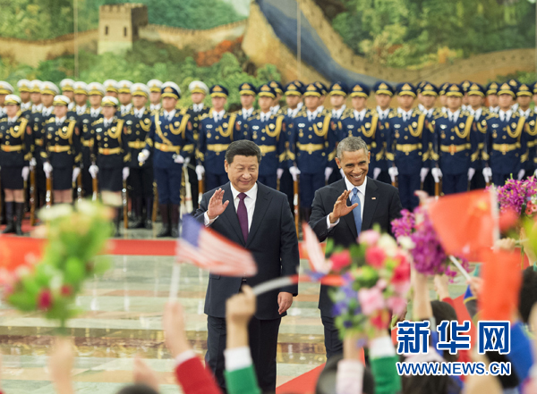 11月12日，國家主席習(xí)近平在北京人民大會堂舉行歡迎儀式，歡迎美國總統(tǒng)奧巴馬對中國進(jìn)行國事訪問。 新華社記者 黃敬文 攝