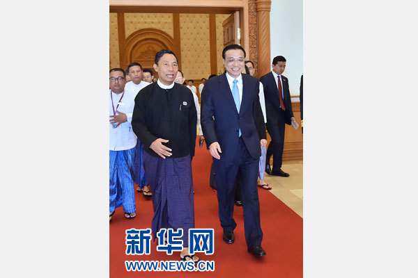 11月14日，中國國務院總理李克強在內比都會見緬甸聯邦議會議長兼人民院議長吳瑞曼。新華社記者 李濤 攝