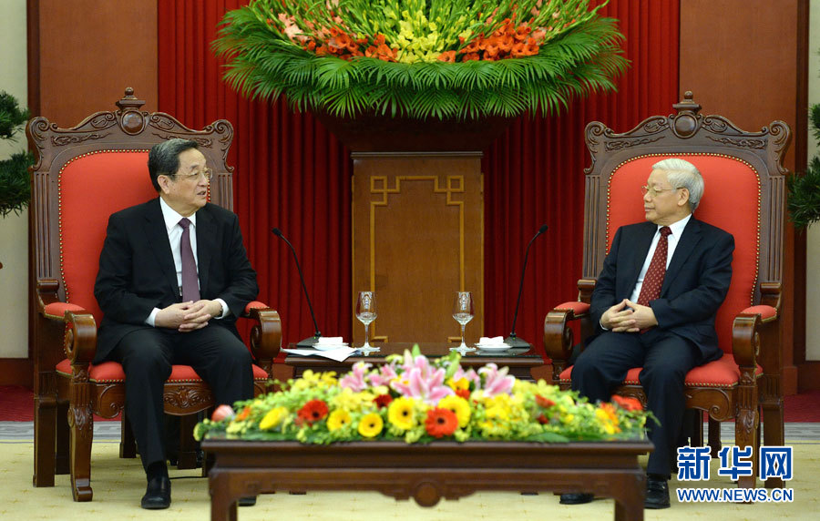 12月25日至27日，中共中央政治局常委、全國政協(xié)主席俞正聲對(duì)越南進(jìn)行正式訪問。這是12月26日，俞正聲在河內(nèi)會(huì)見越共中央總書記阮富仲。 新華社記者馬占成攝