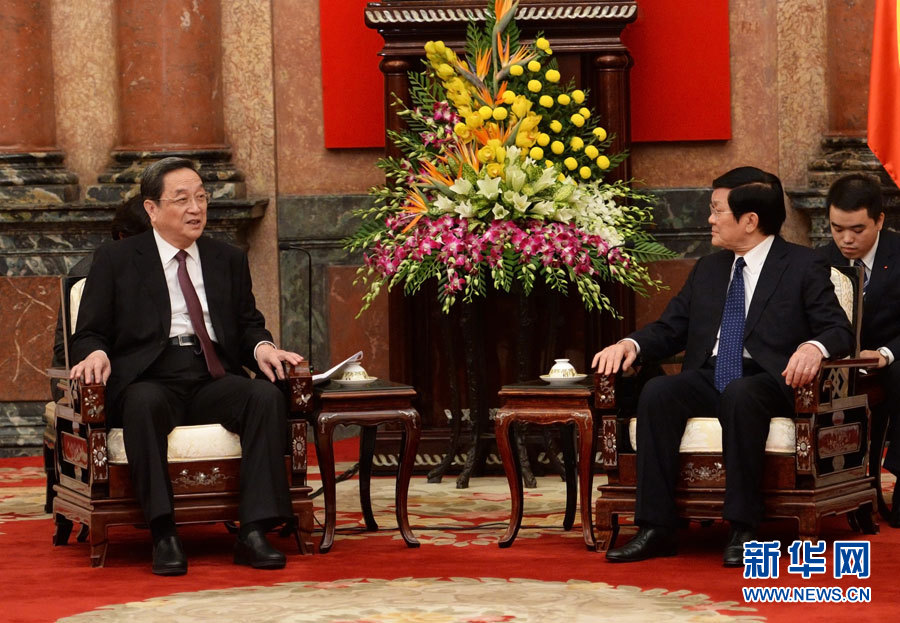 12月25日至27日，中共中央政治局常委、全國政協(xié)主席俞正聲對(duì)越南進(jìn)行正式訪問。這是12月26日，俞正聲在河內(nèi)會(huì)見越南國家主席張晉創(chuàng)。 新華社記者劉建生攝