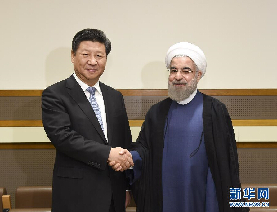 9月28日，國(guó)家主席習(xí)近平在紐約會(huì)見(jiàn)伊朗總統(tǒng)魯哈尼。 新華社記者李學(xué)仁 攝