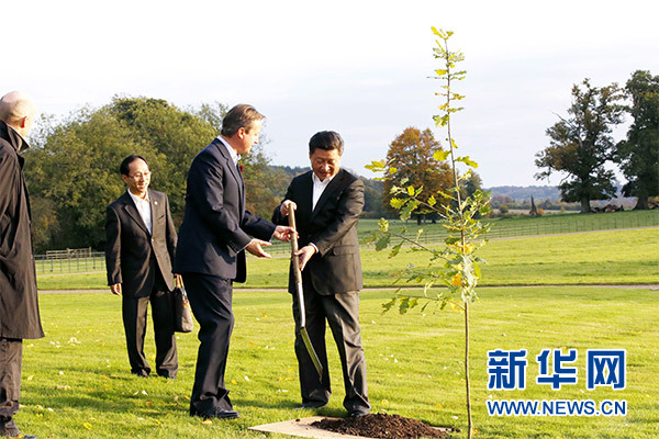 兩國領(lǐng)導人一同在別墅草坪，共同種下象征中英友誼的橡樹。新華社記者 鞠鵬 攝